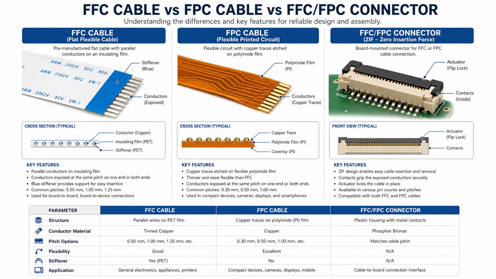 FFC 케이블 vs FPC 케이블 vs FFC FPC 커넥터 다이어그램