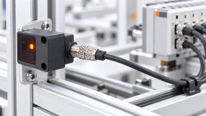M5-Sensoranschlusskabel an einer industriellen Automatisierungssensor- und Steuerungseinheit.